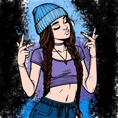 realistic teenage girl with braids and a beanie and crop top doing 🫶🏼