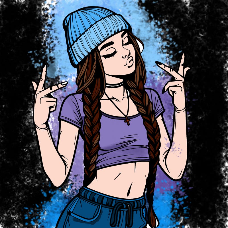 realistic teenage girl with braids and a beanie and crop top doing 🫶🏼
