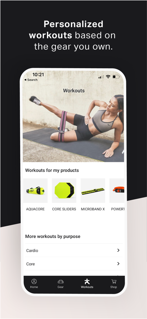 PTP - PTP mobile app screen showing personalized workout programs based on specific fitness gear like resistance bands and sliders