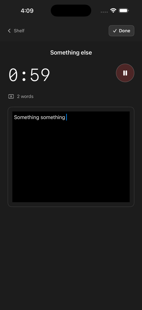 Scribble.io app interface in dark mode showing a countdown timer and text input field for capturing a quick idea.