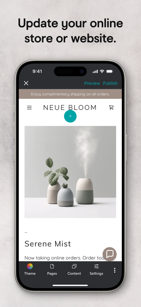 Interfaccia mobile dell'app GoDaddy Commerce che mostra un editor di siti web per un negozio online chiamato Neue Bloom.