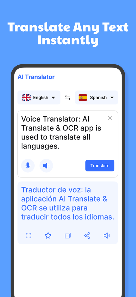 AI Translator mobile app interface showing text translation from English to Spanish