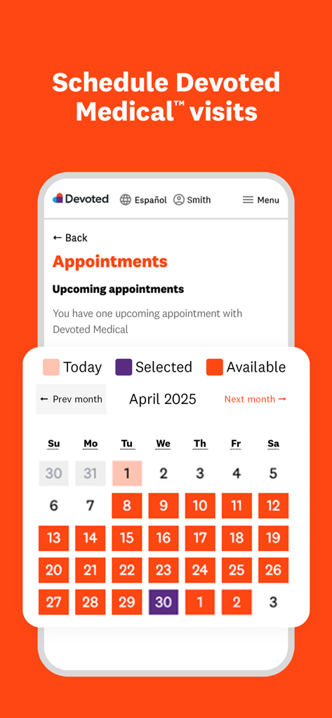 Interactive calendar in the MyDevoted app for scheduling Devoted Medical visits.
