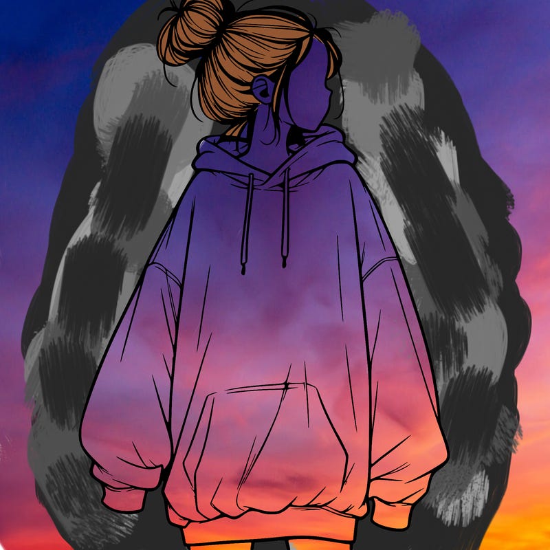 realistic girl with a oversized sweatshirt on and a bun