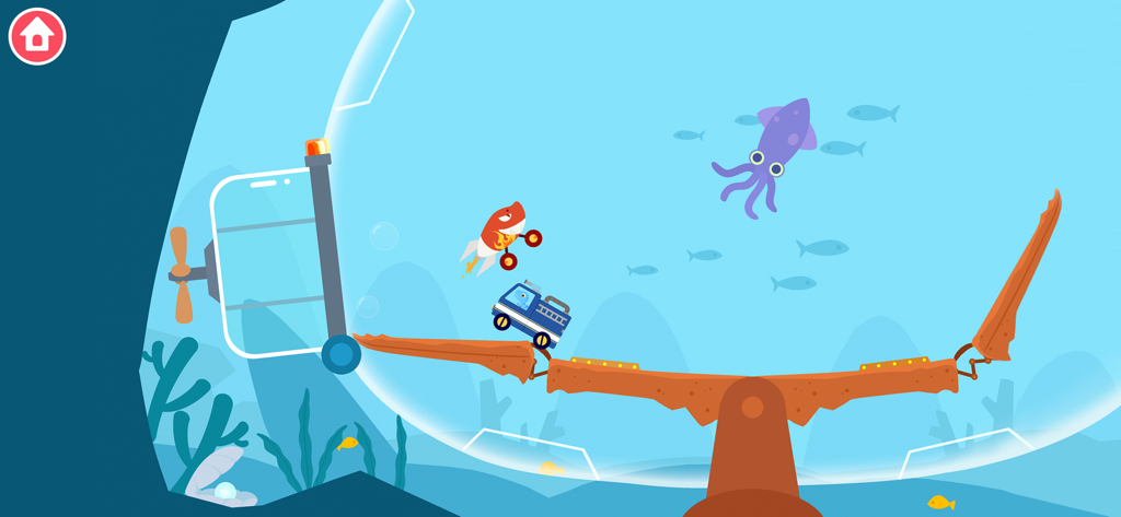 Deux petites voitures colorées sur une bascule sous-marine avec des créatures marines.