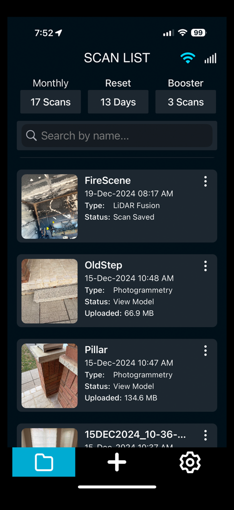 Recon-3D mobile application dashboard showing a list of saved LiDAR and photogrammetry scans