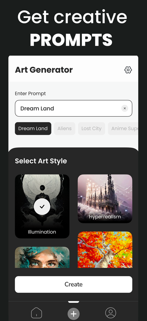Dream AI: AI Picture generator - Dream AIモバイルアプリのインターフェース。テキストプロンプト入力と芸術スタイルの選択を示しています。