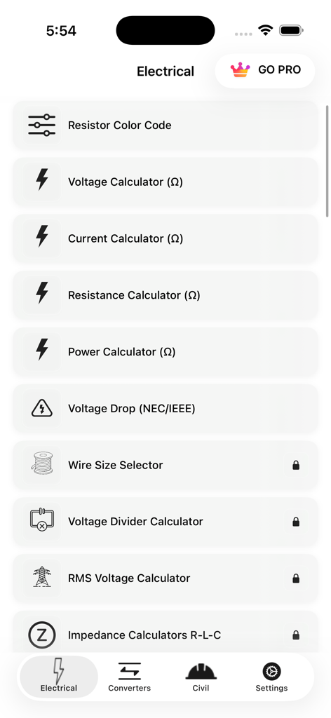 Electrical Calculator lite - Interfaz de la aplicación Calculadora Eléctrica Lite mostrando varias herramientas de cálculo como calculadoras de voltaje, corriente y resistencia.