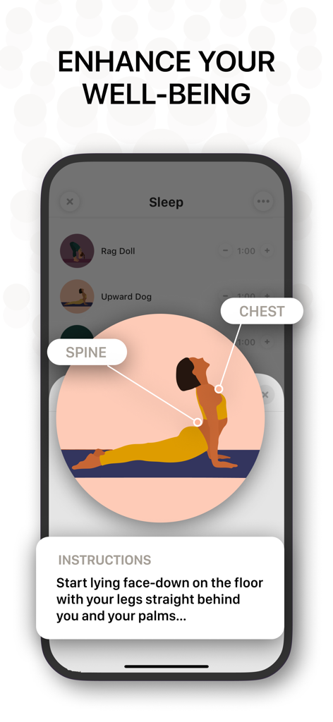 Bend: Stretching & Flexibility - Pantalla de la app móvil que muestra instrucciones y una ilustración para la pose de estiramiento "Perro Boca Abajo"