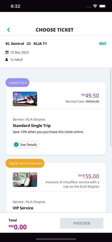 Pantalla de selección de billetes de la app KLIA Ekspres con opciones de servicio estándar y VIP