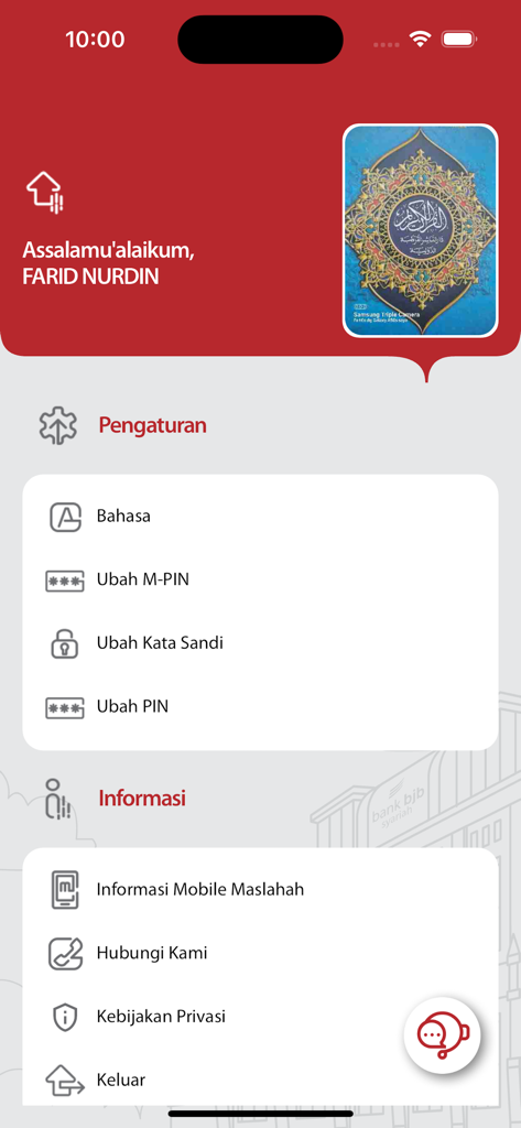 Mobile Maslahah by bjb syariah - Einstellungs- und Informationsmenü in der Mobile Maslahah by bjb syariah App