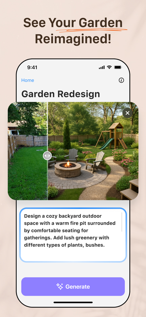 AI Remodelアプリのインターフェース。ファイヤーピットとパティオのシーティングエリアを備えた庭のデザイン変換が表示されています。