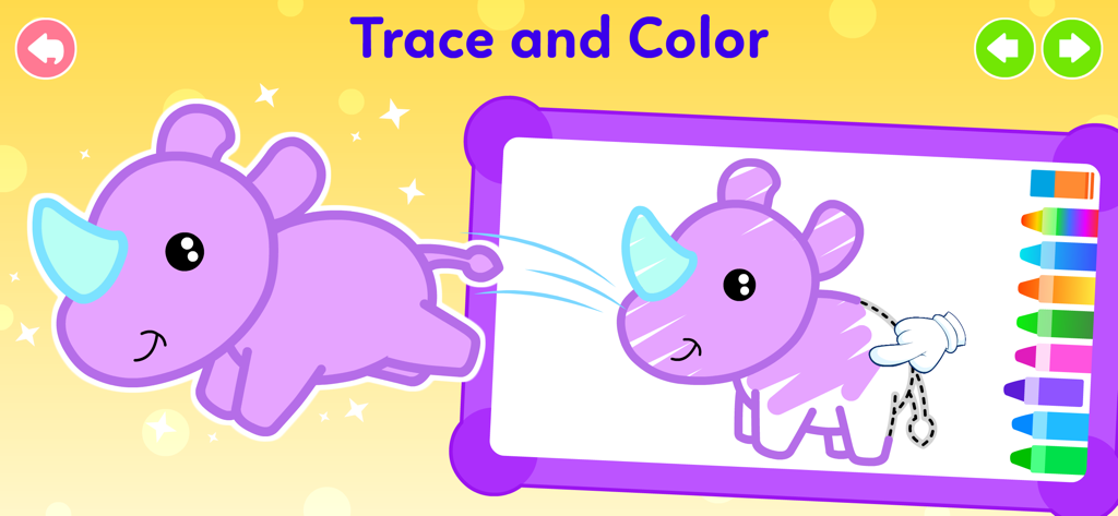 Learn to Draw–Drawing for Kids - 어린이 그림 앱에서 따라 그려지고 색칠되는 보라색 코뿔소