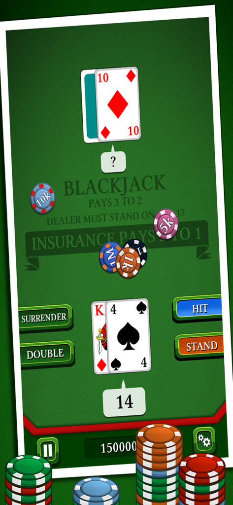 Uma tela de jogo de blackjack móvel mostrando uma mão em andamento com cartas e fichas de aposta em uma mesa verde