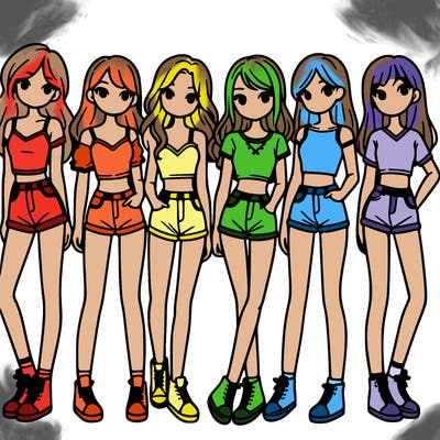 a group of girls wearing crop tops and shorts
