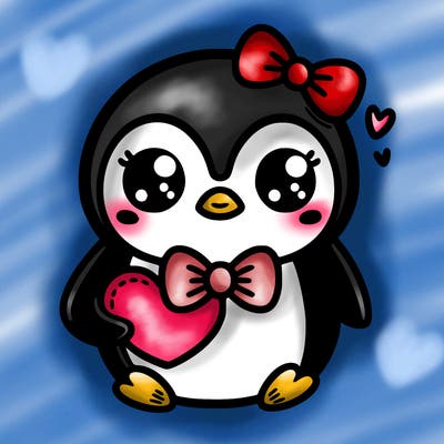 cute penguin with bow tie holding heart
