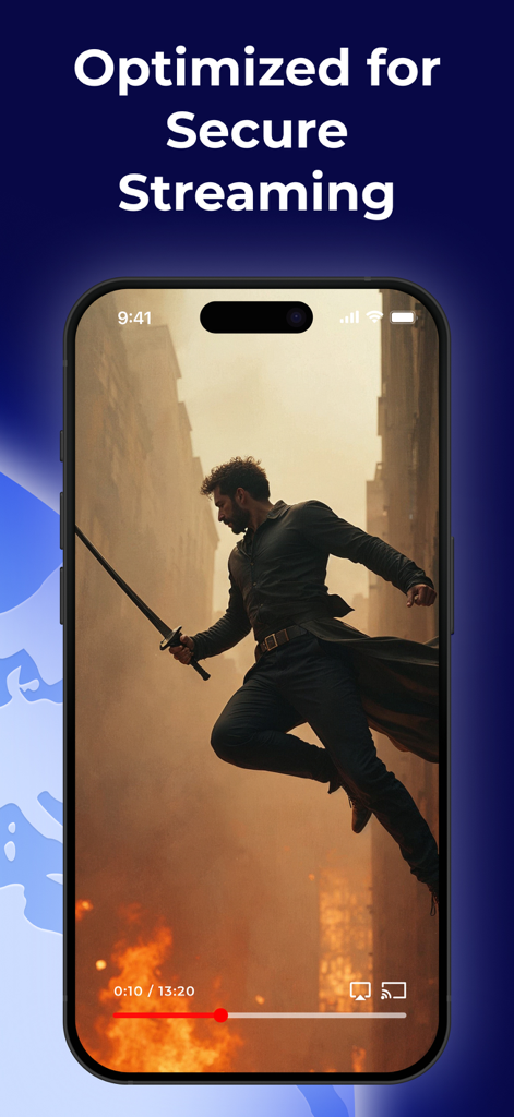 A smartphone showing a high-action movie scene with the headline Optimized for Secure Streaming by Unlocator VPN