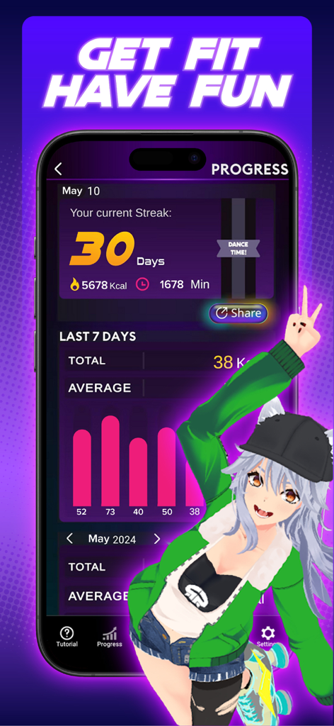 Dance Dash: Rhythm and Fitness - Dance Dash App-Fortschrittsbildschirm mit Trainingsstreaks und Kalorienverfolgung mit einem Anime-Charakter.