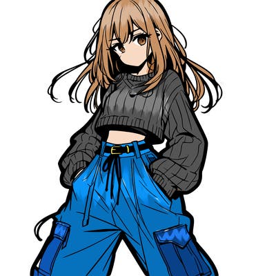 anime teen girl with baggy pants and crop top with sweater