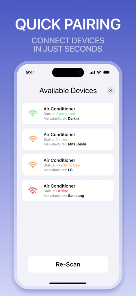 Quick pairing screen showing available air conditioners from brands like Daikin and Mitsubishi