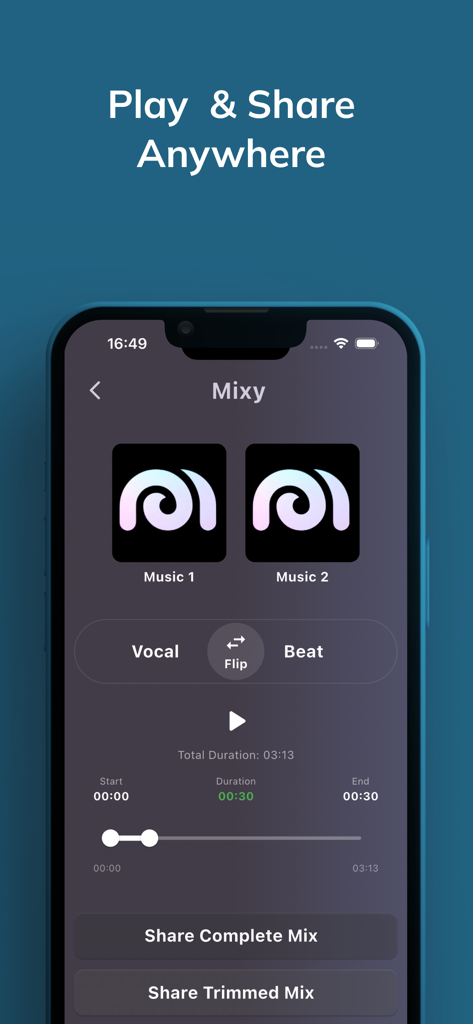 Mixy - Remix Maker - A smartphone screen displaying the Mixy app interface with music blending controls and options to share complete or trimmed remixes