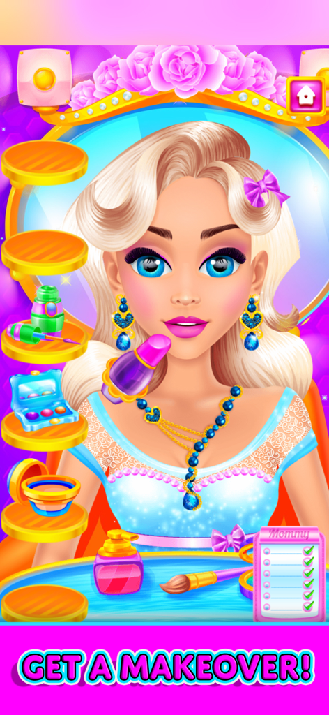 Un personaje con pelo rubio y ojos azules recibiendo un cambio de imagen en la aplicación Mommy Beauty Salon Simulator