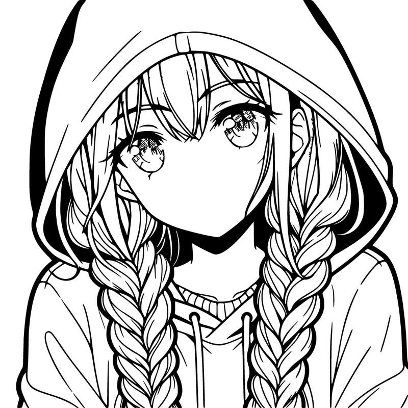 anime girl with long braids and hoodie