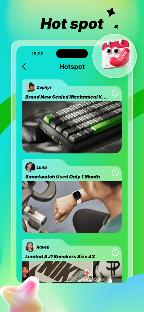 Crewd：Video, Chat, Discover - A mobile interface for the Crewd app displaying a Hotspot section with user posts of second-hand items like a mechanical keyboard, smartwatch, and sneakers.