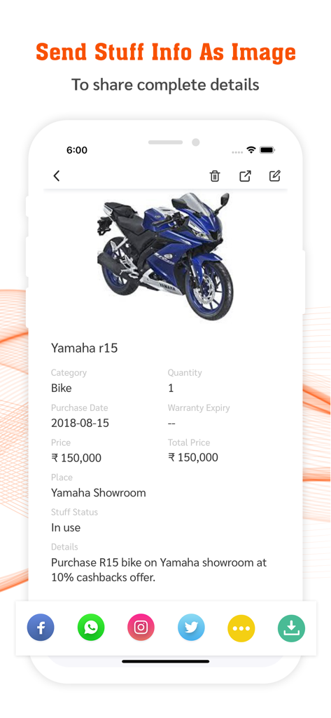 My Stuff Personal Organizer - A motorcycle detail page in the My Stuff Personal Organizer app with sharing icons