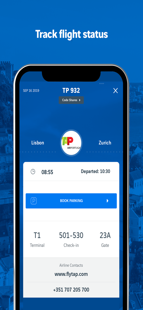 ANA Portuguese Airports app screen showing real-time flight status and terminal information for TAP Air Portugal