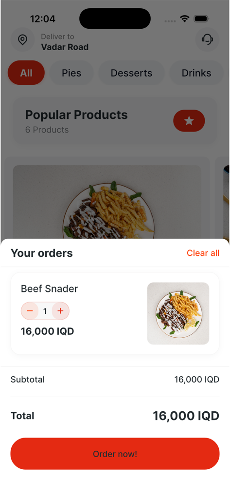 Fama Restaurant - Checkout screen of the Fama Restaurant app showing a food order summary and total price.