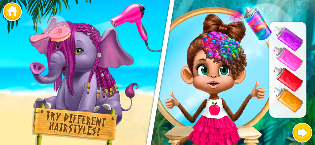An elephant and a monkey getting colorful hairstyles and makeovers in the Jungle Animal Hair Salon 2 app.