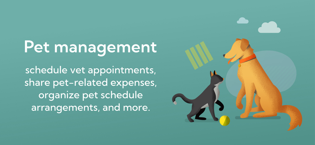Pet management feature in AppClose showing illustrations of a dog and a cat with a description of scheduling and expense sharing.