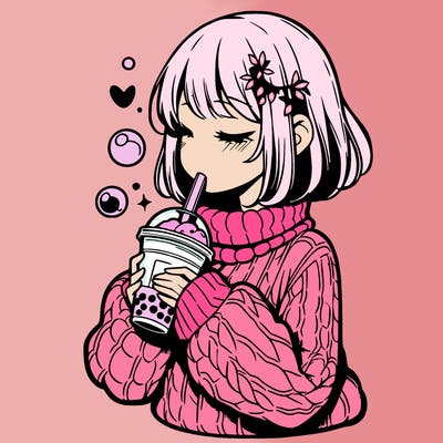 manga girl drinking boba in cozy sweater