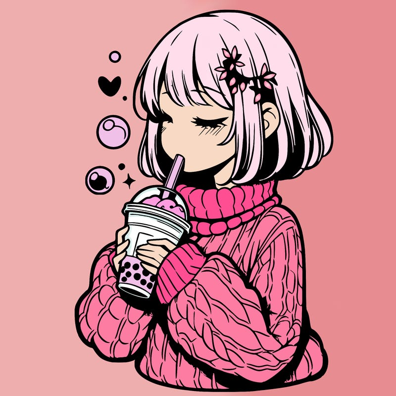 manga girl drinking boba in cozy sweater