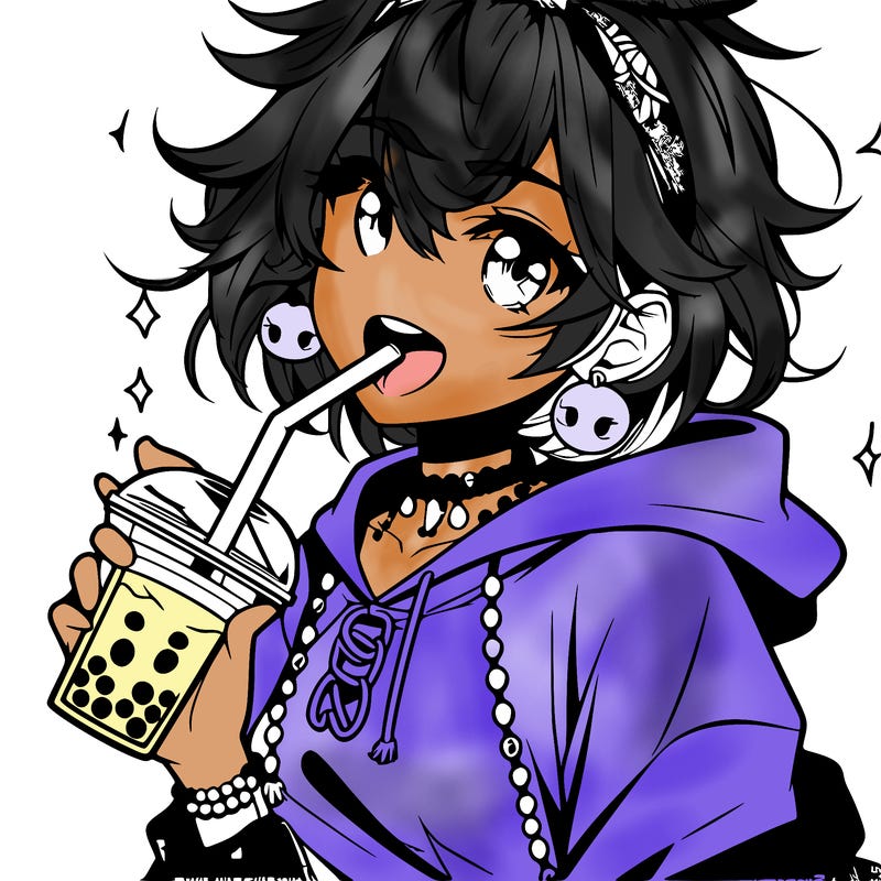 hot baddie anime girl drinking boba and biting the straw