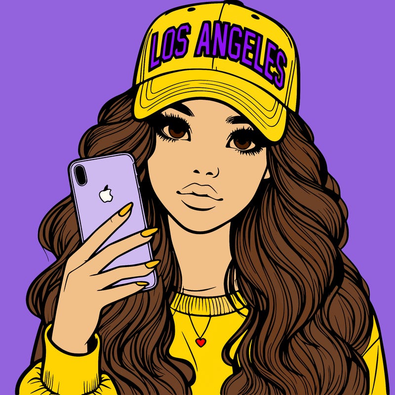 realistic beautiful girl wearing los ángeles cap holding an iphone