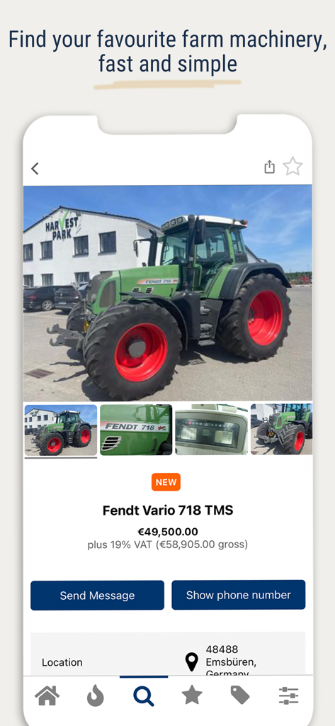 tractorpool - Interfaz de la app tractorpool que muestra un tractor Fendt Vario usado en venta