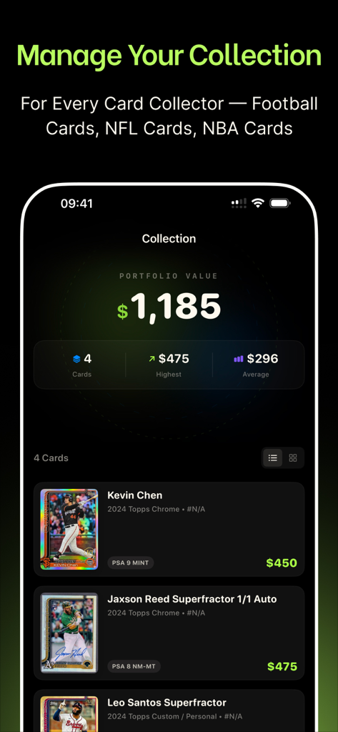 SnapCard: Sports Card Scanner - Digital portfolio showing the total value and individual market prices of a sports card collection