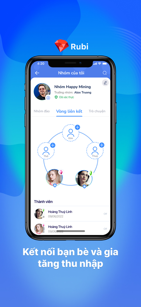 Rubi app screen showing a social mining group and circular network of friends for earning digital assets.