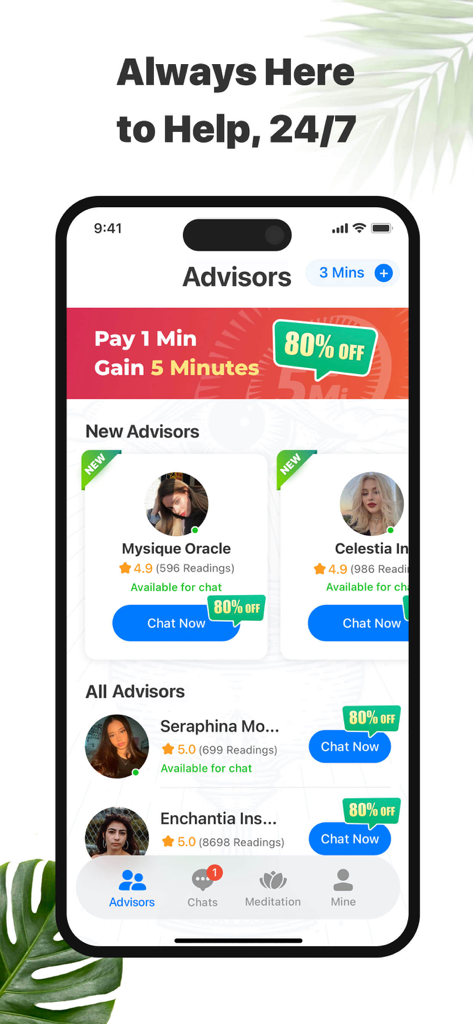 A list of professional psychic advisors available for live chat on the Dimood app with a special welcome offer
