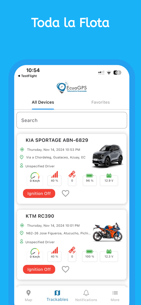 EcuaGPS - EcuaGPS mobile app interface displaying a list of tracked vehicles with real-time status updates