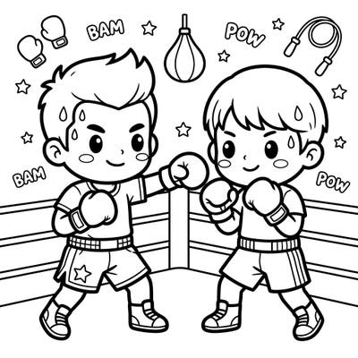 Step into the ring with these energetic Kawaii youth boxers, ready for a friendly match! This delightful coloring page features cute characters and fun details, perfect for young artists to bring to life.