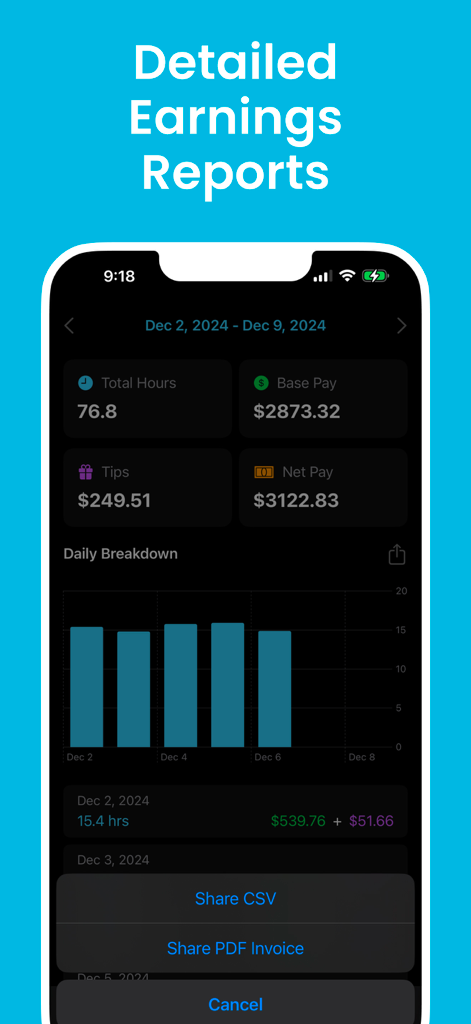 Hours Clocker: AI Punch Time - Detailed earnings report in Hours Clocker showing total pay tips and hours breakdown