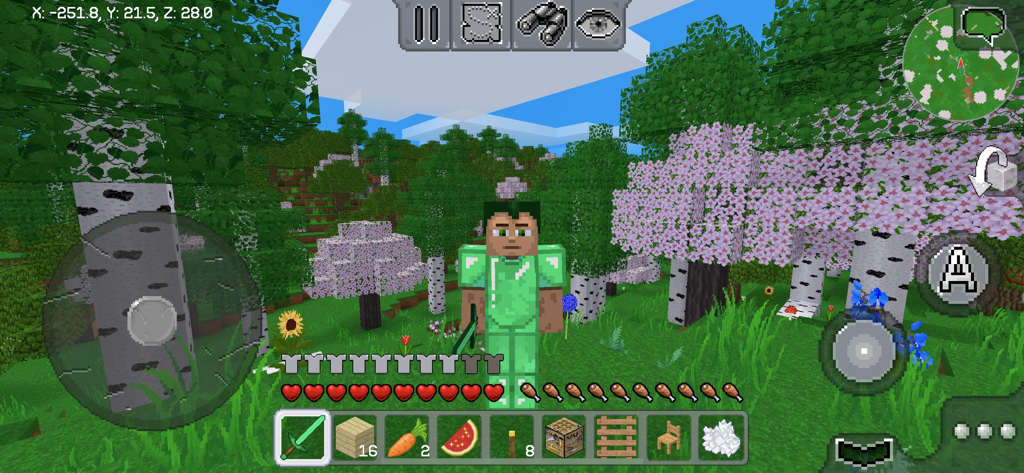 A character wearing green armor in a lush forest with cherry blossom and birch trees in MultiCraft