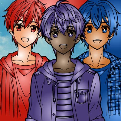 three anime boys with smiles