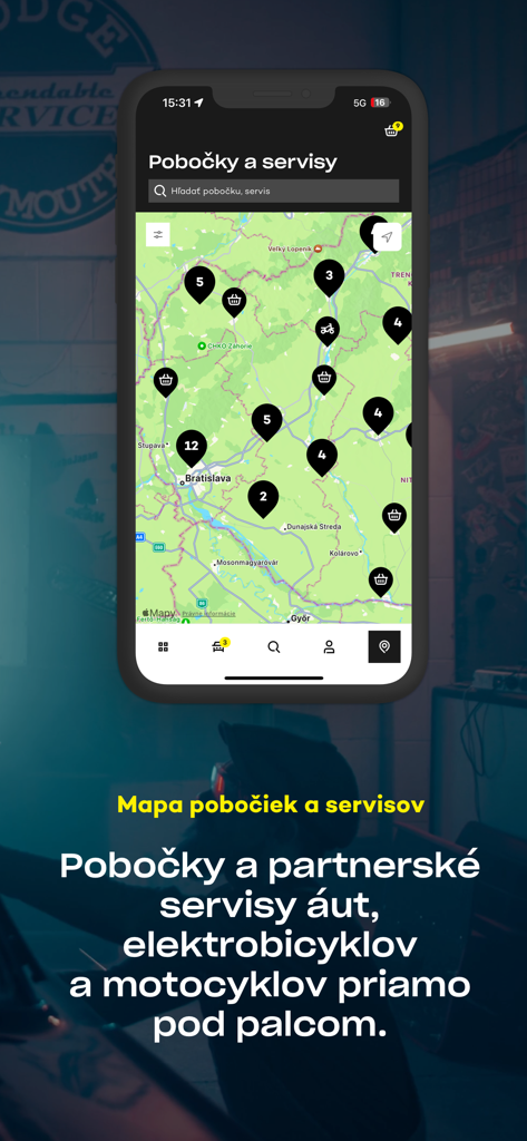 Tela do mapa do aplicativo Auto Kelly SK mostrando locais de filiais e centros de serviço próximos