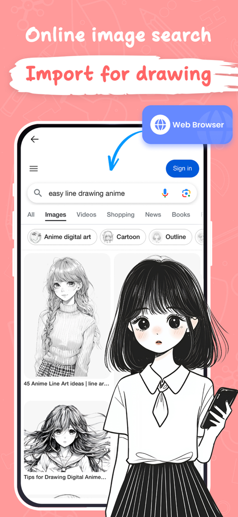 AR Draw Sketch & Trace © - In-app web browser interface searching for easy anime line drawings to trace and sketch.
