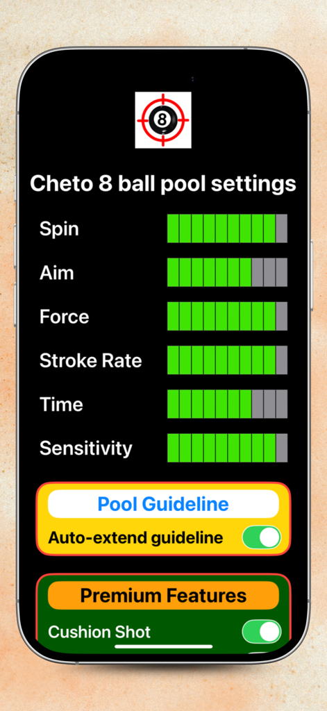 Cheto 8 ball pool - Settings menu for Cheto 8 ball pool app including aim and sensitivity guides