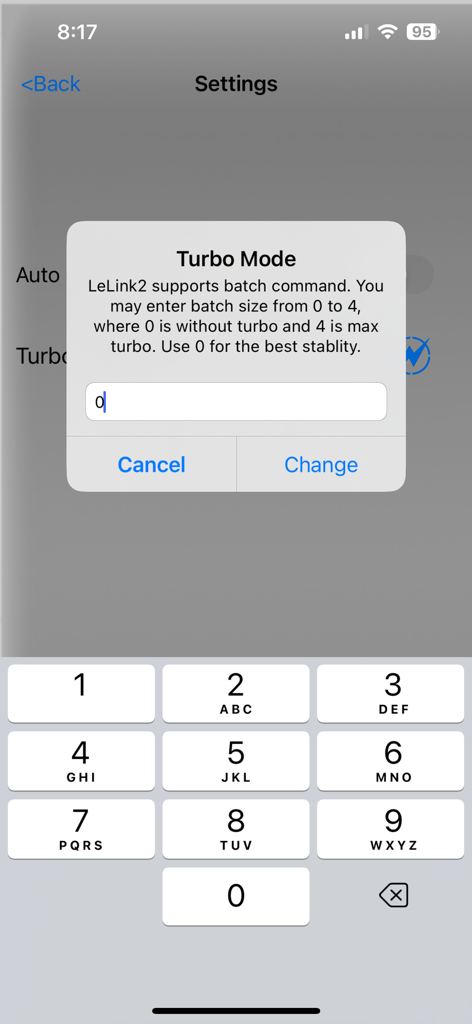 LELink Scanner - LELink Scanner app Turbo Mode configuration popup for batch commands